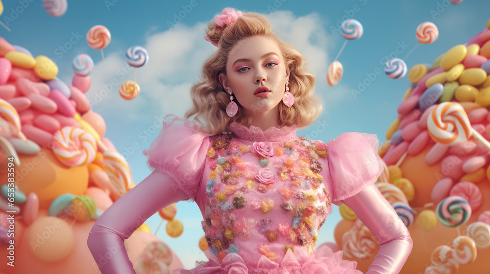 Fototapeta premium A girl dressed in a candy suit against a pastel - color background