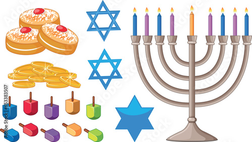 Happy Hanukkah Bright Background with Menorah, David Star and Bokeh Effect. Vector illustration