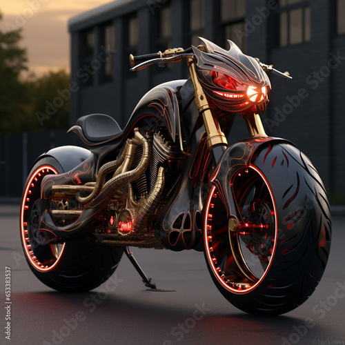 A motorcycle that the body of the motorcycle was inpired like a metal plated armored horse. Bike, motorbike, motor, speed, biker, sport, vehicle, wheel. photo