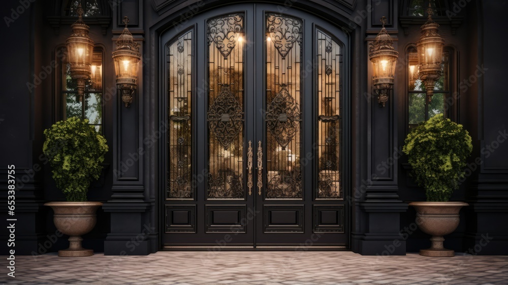 Main entrance black front door, hotel exterior