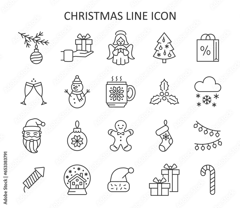 Merry Christmas line icon vector set. Winter vector collection with Santa Claus, knitted cup, gift, snowman, petard, angel, garland, christmas tree, snow.