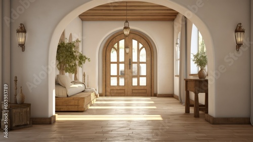 Mediterranean style hallway, arched door interior