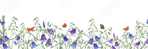 Fototapeta Naklejka Na Ścianę i Meble -  Seamless banner of summer meadow wildflowers. Campanula, bells flowers, harebells, wild oats, orange and blue butterflies. Watercolor illustration. For textile, label, package
