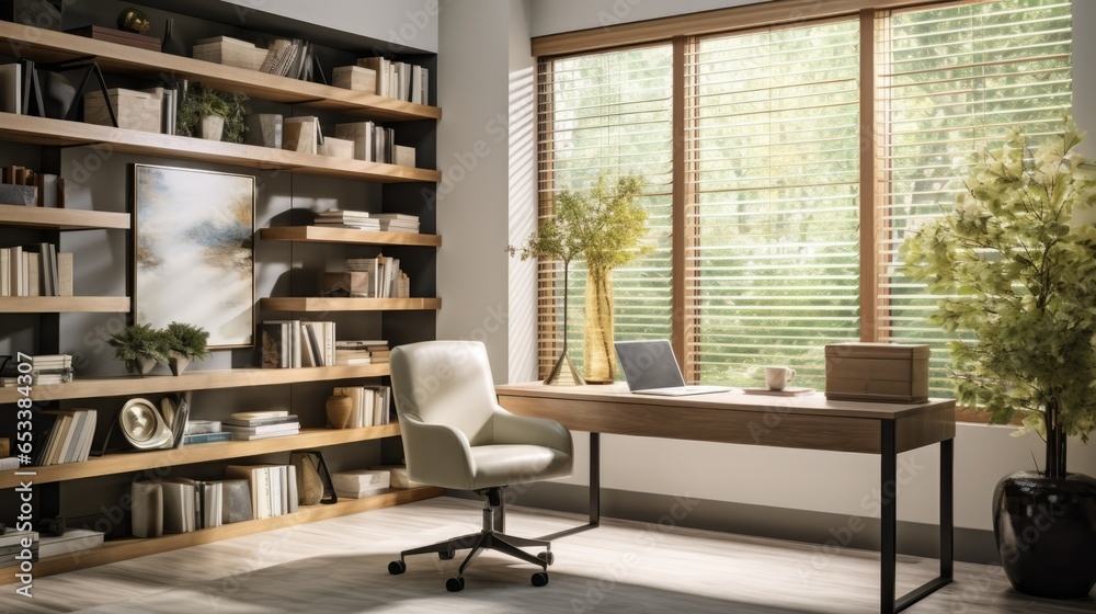 Modern home office with desk, cozy office with natural light Modern home office with desk, cozy office with natural light
