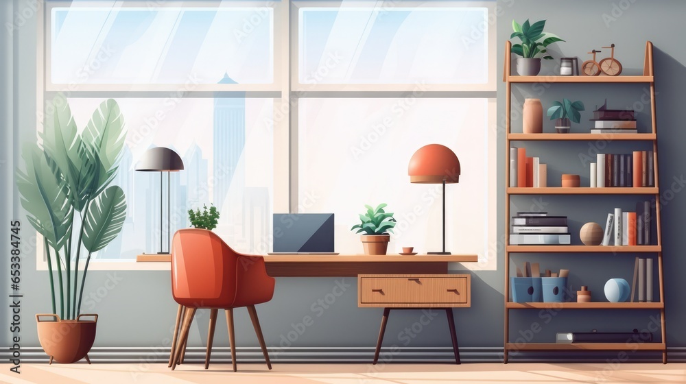 Office room with desk and computer, digital art Office room with desk and computer, digital art