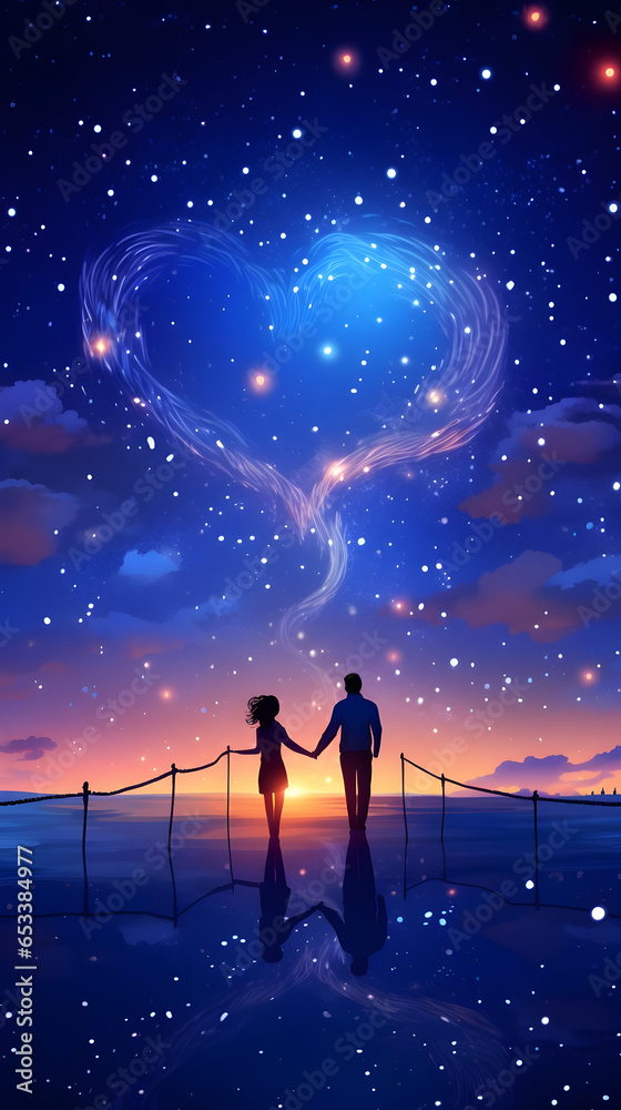 Obraz premium couple in heavenly evening, heart on night sky, love valentine