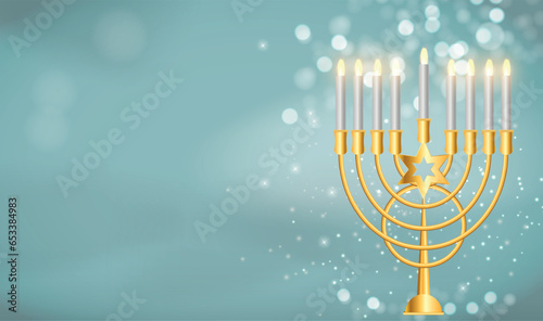 Happy Hanukkah Bright Background with Menorah, David Star and Bokeh Effect. Vector illustration