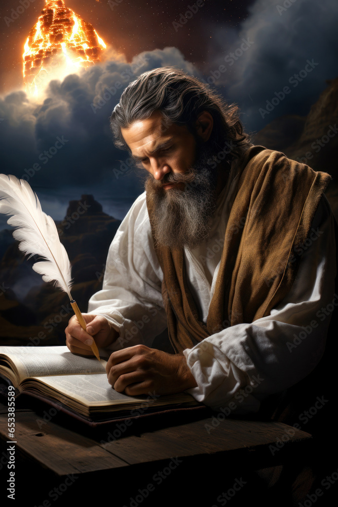 Apostle John imprisoned on the island of Patmos writing the book of Revelation inspired by the Holy Spirit Generative AI Illustration Apostle John imprisoned on the island of Patmos writing the book of Revelation inspired by the Holy Spirit Generative AI Illustration