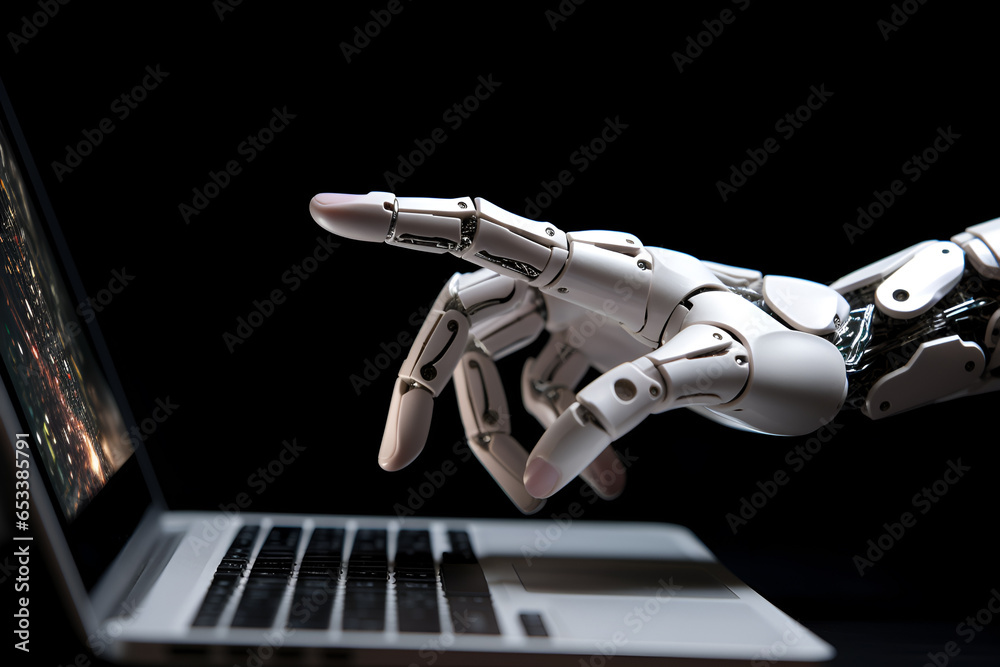 Robotic , artificial intelligence , robo advisor , chatbot concept. Robot finger point to laptop button - obrazy, fototapety, plakaty 