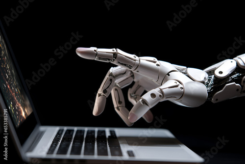Robotic , artificial intelligence , robo advisor , chatbot concept. Robot finger point to laptop button photo