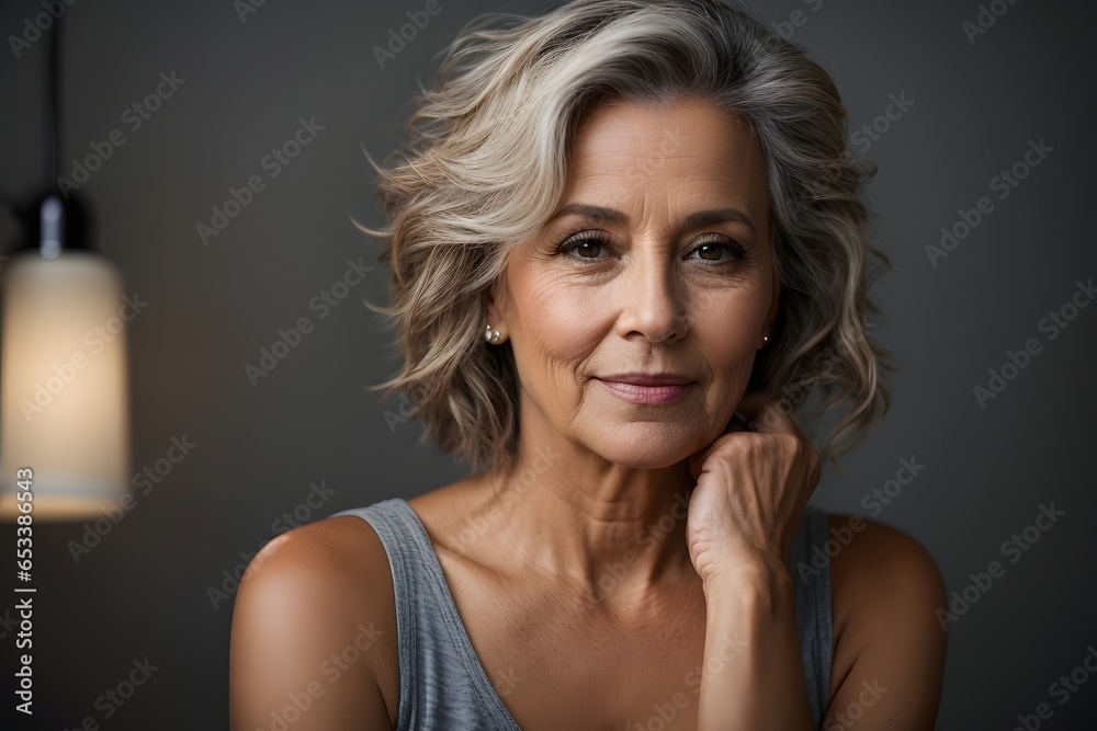 Portrait of a Mature Beautiful Woman Looking Left on a Grey Background. Generative Ai. Portrait of a Mature Beautiful Woman Looking Left on a Grey Background. Generative Ai.