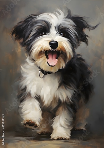 An elegant oil painting of a Havanese dog, full body, showcasing their personality and sense of humor, sharp details and some thick brush strokes