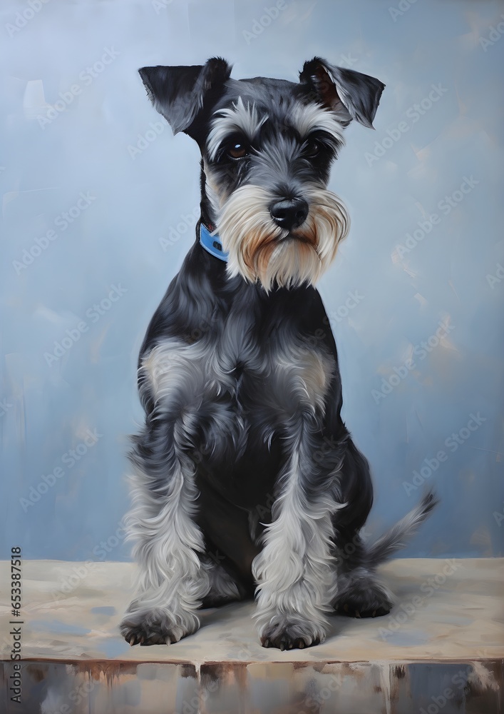 An elegant oil painting of a Miniature Schnauzer dog, full body