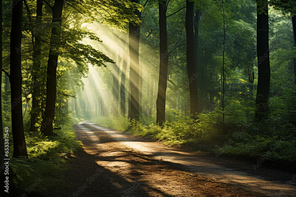 beautiful sunlight in the green forest - obrazy, fototapety, plakaty 