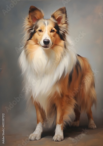 An elegant oil painting of a Shetland Sheepdog dog, pet portrait illustration
