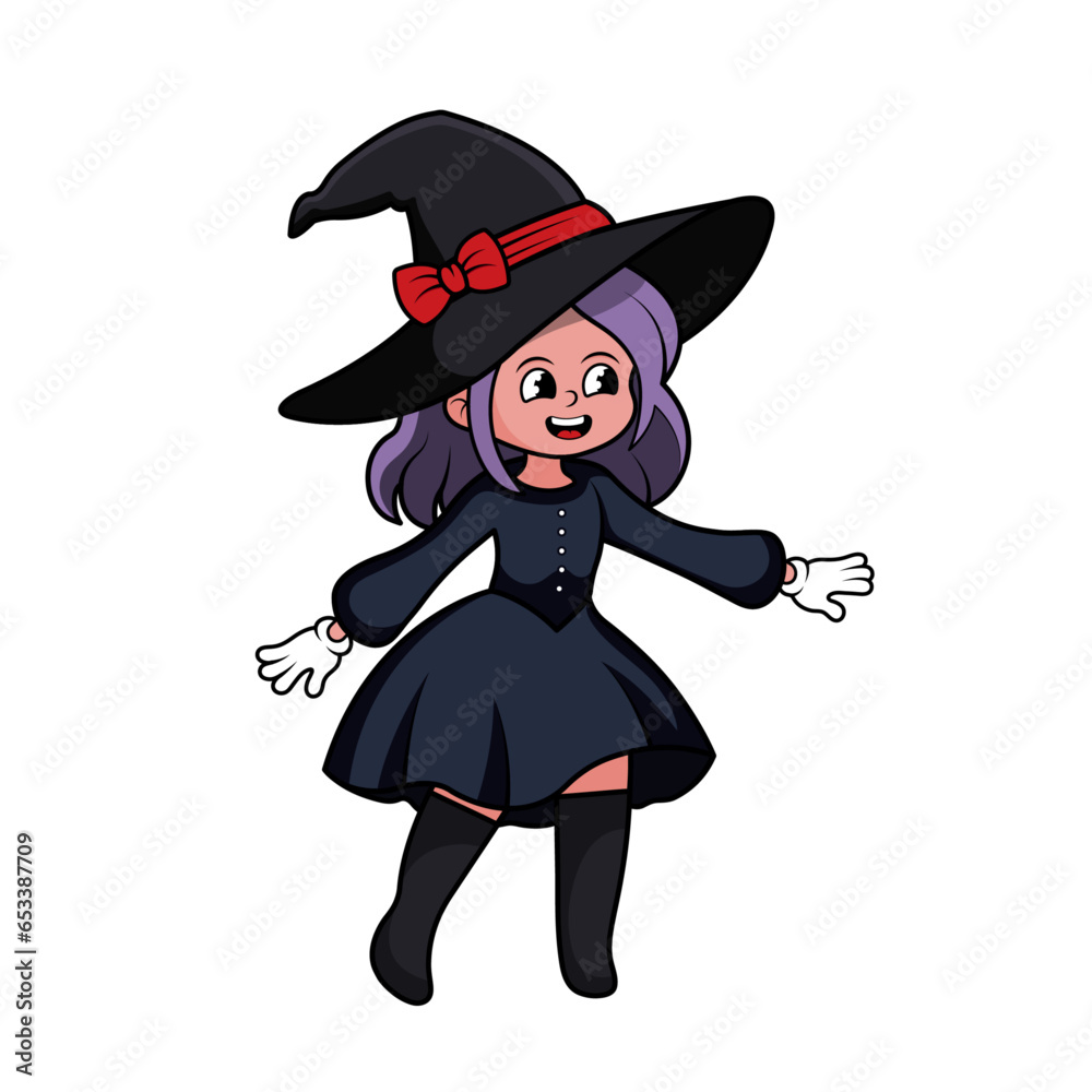 Happy and playful cartoon witch. Cheerful sorceress awaits Halloween festivities. Isolated vector illustration