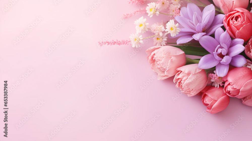 A bouquet of beautiful spring flowers on a pastel pink table for Mother's Day. ai generative A bouquet of beautiful spring flowers on a pastel pink table for Mother's Day. ai generative