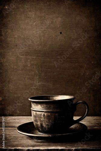 Vintage picture, a massive clay coffee cup on a wooden table