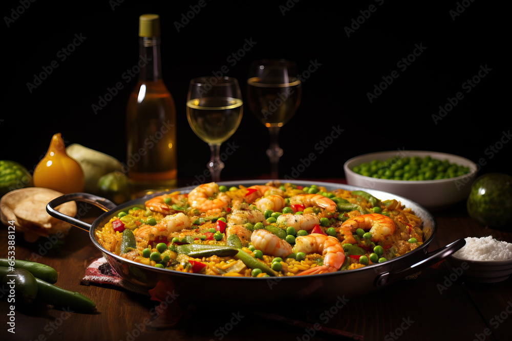 Mixed Paella. A beautifully arranged paella dish, showcasing the vibrant colors of the ingredients, the textures of the rice, and the inviting flavors of the meats and seafood