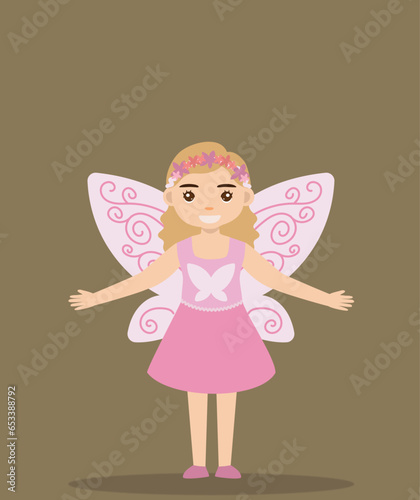 cute girl in fairy costume with wings at halloween party
