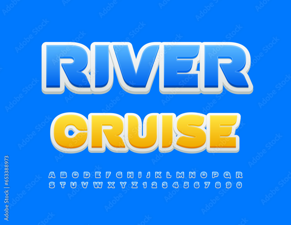 Vector creative advertisement River Cruise. Elegant Blue Font. Artistic 3D Alphabet Letters and Numbers set.