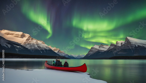 Aurora Canoeing Maligne Lake, Jasper National Park, Canada