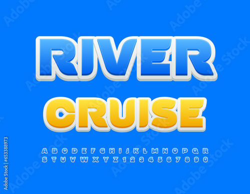 Vector creative advertisement River Cruise. Elegant Blue Font. Artistic 3D Alphabet Letters and Numbers set.