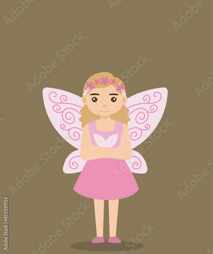 cute girl in fairy costume with wings at halloween party