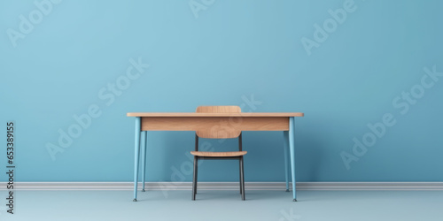 mockup Light blue classroom  empty teacher s table front view  minimal school table template.generative ai
