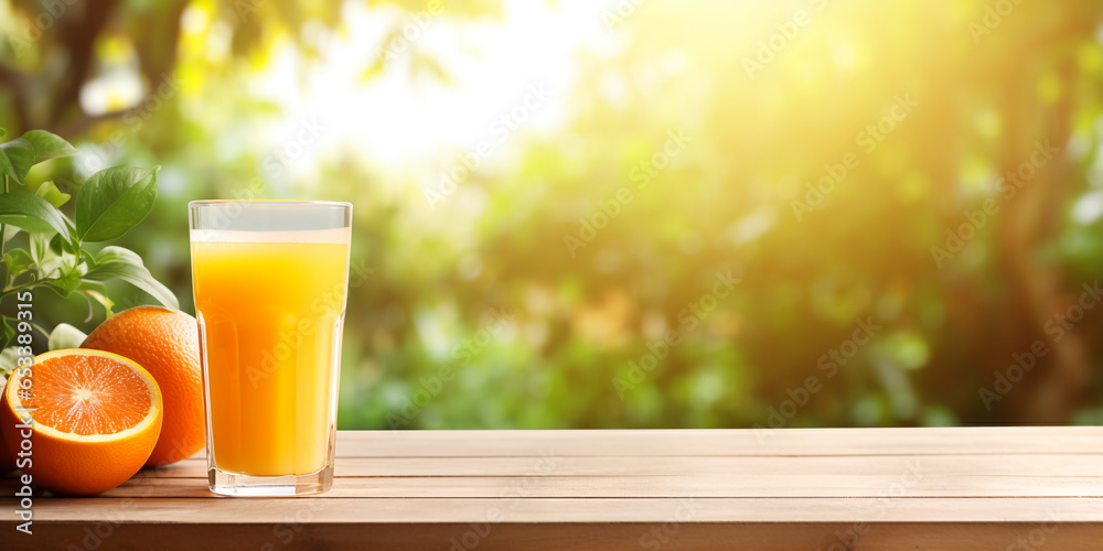glass of orange juice on a wooden table against a background of a blurred orange garden. ai generative glass of orange juice on a wooden table against a background of a blurred orange garden. ai generative