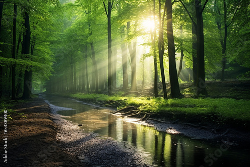 beautiful sunlight in the green forest photo