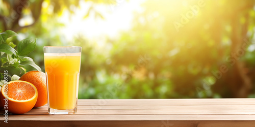 glass of orange juice on a wooden table against a background of a blurred orange garden. ai generative © Oleksandr