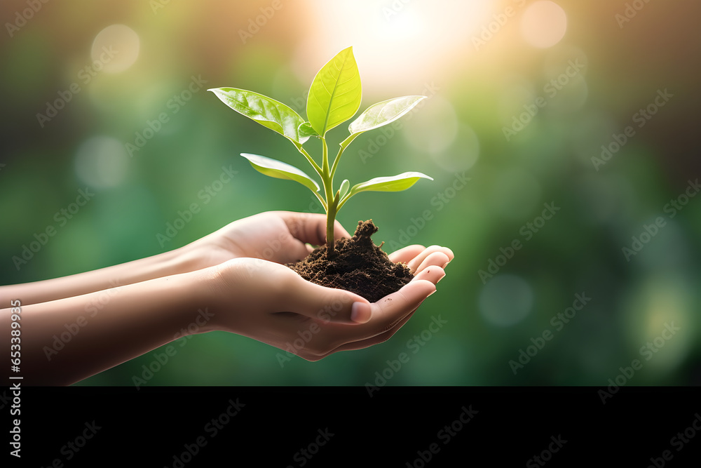hand children holding young plant with sunlight on green nature ...