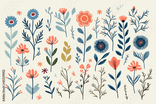 Embroidered floral pattern, wallpaper, background, hand-drawn cartoon Illustrations in minimalist vector style