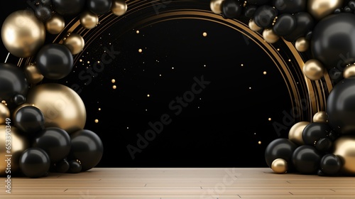 Generative AI, arch of black and golden balloons. Mock up for Black Friday or other holiday 3d background