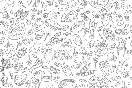 Fast food seamless pattern with vector line icons of hamburger, pizza, hot dog, cheeseburger. Restaurant menu background, tasty unhealthy food