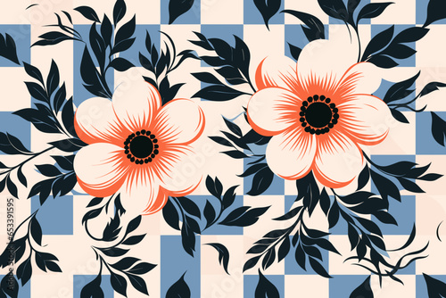 Checkered floral pattern, wallpaper, background, hand-drawn cartoon Illustrations in minimalist vector style