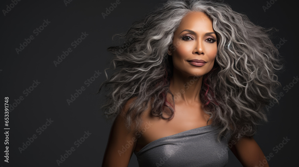 Portrait of senior mature middle aged lady with long gray natural coloring vibrant silky hair. Portrait of senior mature middle aged lady with long gray natural coloring vibrant silky hair.