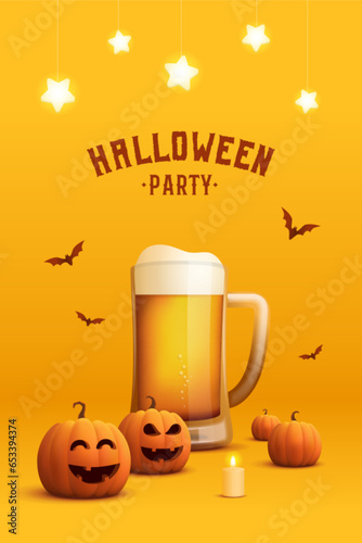 Halloween craft beer poster. Vector template with drunk pumpkins, craft beer mug, bats and candle. Menu template or party invitation