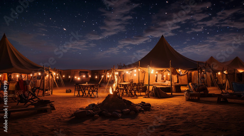 A traditional desert camp under a blanket of stars  offering a unique blend of cultural immersion and celestial wonder