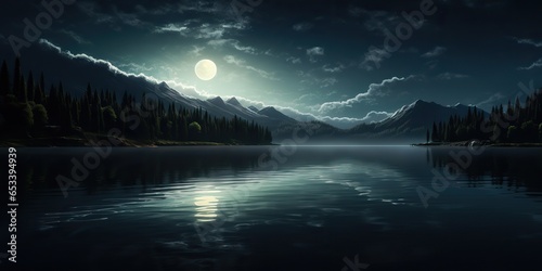 AI Generated. AI Generative. Evening night nature outdoor landscape background full moon and mountains. Can be used for night adventure vacation tours