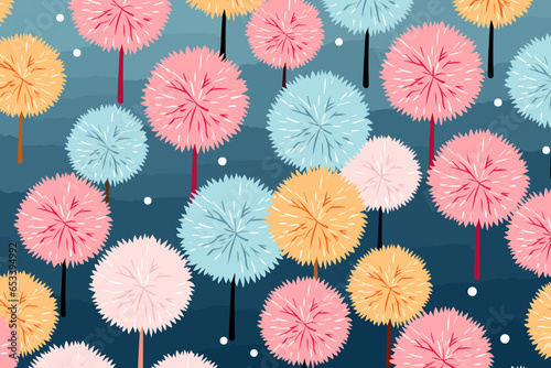 Pom-poms pattern, wallpaper, background, hand-drawn cartoon Illustrations in minimalist vector style