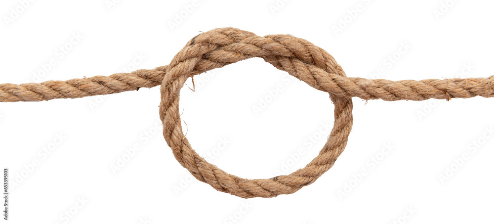 Jute rope with a knot or loop on a white background. Jute Jute rope with a knot or loop on a white background. Jute