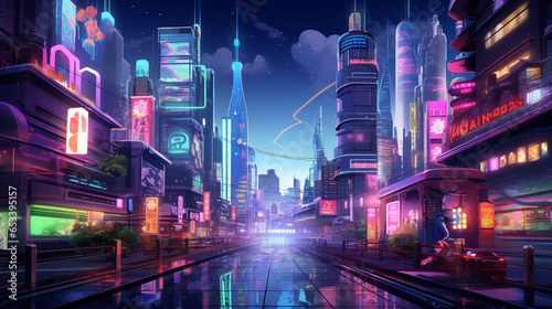 A vibrant cityscape at night  lit up with neon signs  reflecting the dynamic energy and nightlife of a modern metropolis