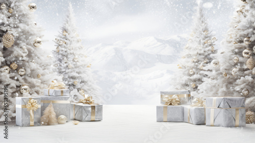 Christmas trees covered in snow with white gifts, holiday banner background