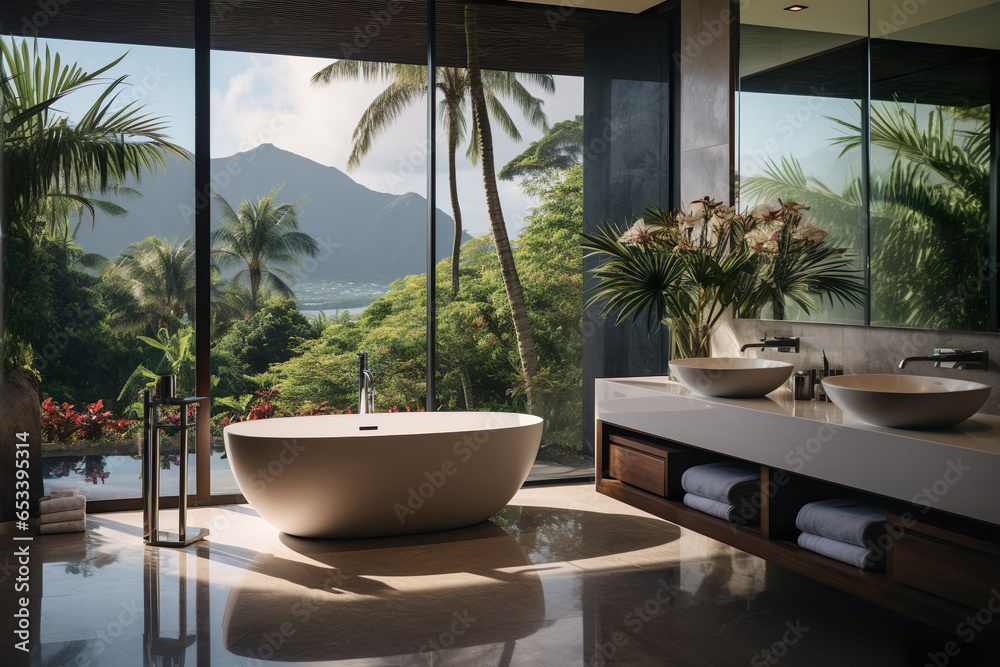 Fototapeta premium Interior of modern bathroom with tropic view, bathtub, plants, sink, Generative AI