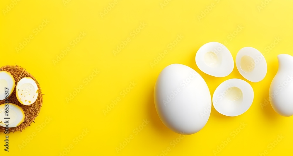 White eggs on a yellow background. Top view, flat lay. White eggs on a yellow background. Top view, flat lay.