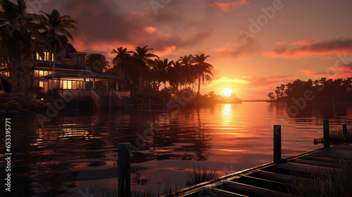 The serenity of a sunset over a tranquil lagoon, ideal for those seeking a peaceful retreat away from the urban hustle