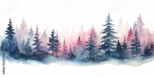 Watercolour Seamless Surface Pattern Tile: Modern Delicate Misty Foggy Eco Line of Pine Spruce Fir Forest Pattern on White Isolated Background: Textiles, Wallpaper & Home Decor. Pastel Pink and Blue. 