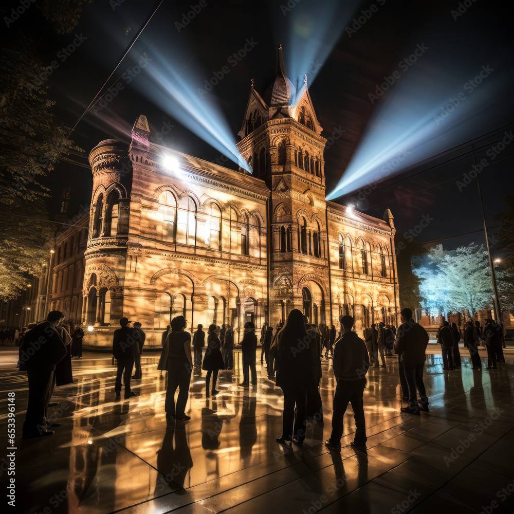 A rear-projection display in front of City Hall recreates a scene reminiscent of the Victorian Era, illuminated by seamless and colorful lighting, where voters are captured in intricate detail through